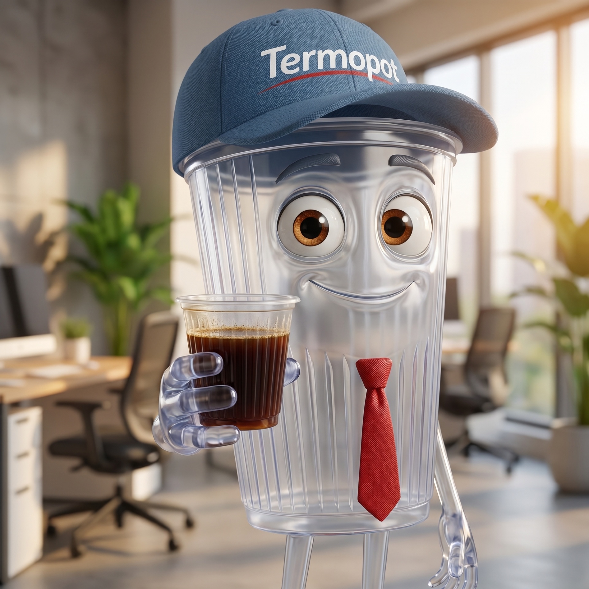 Mascote Termopotinho oferecendo um copo de café