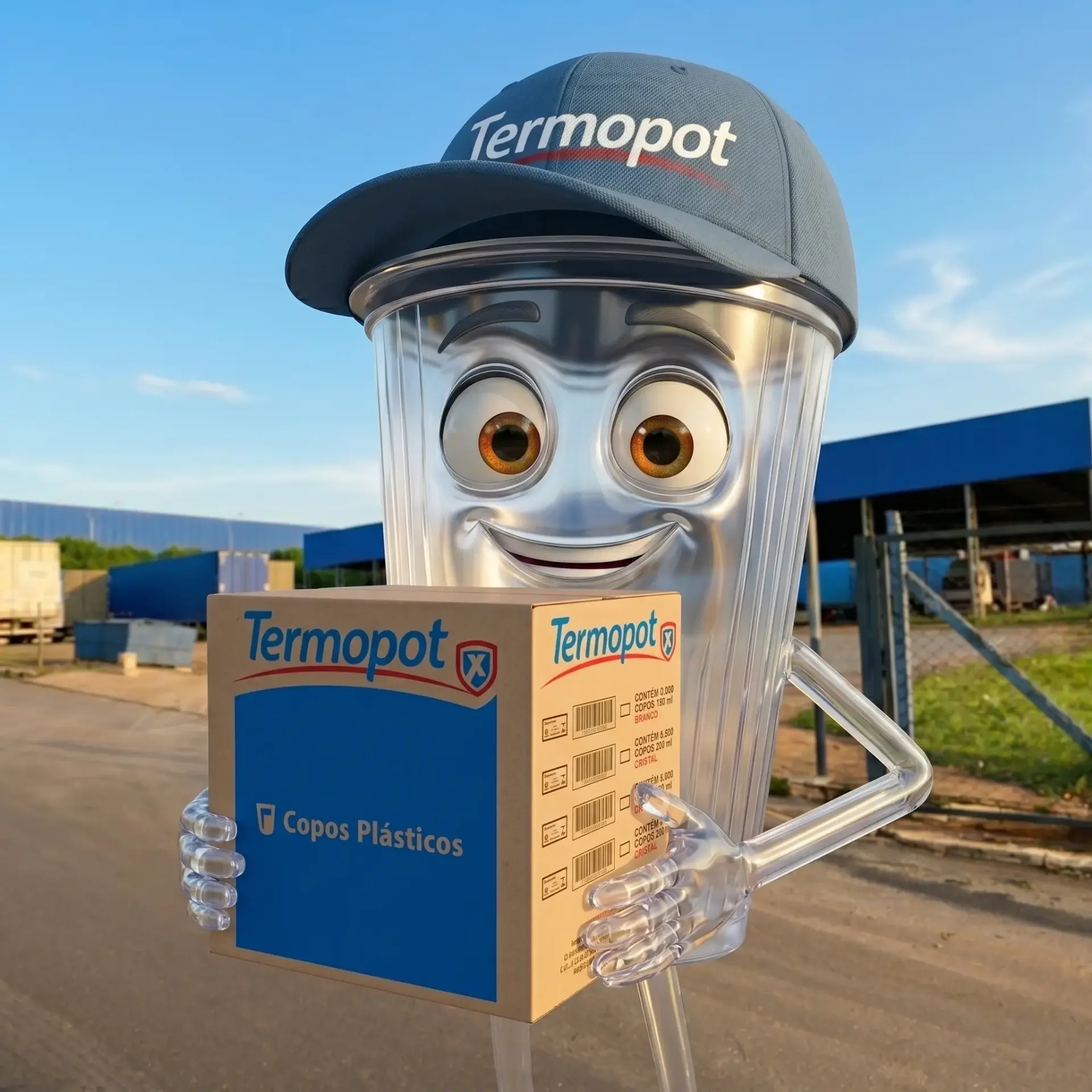 Mascote Termopotinho segurando caixa de copos plásticos
